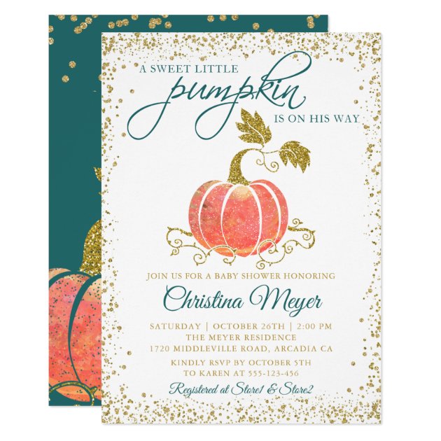Script Watercolor Pumpkin Glitter Fall Baby Shower Invitation