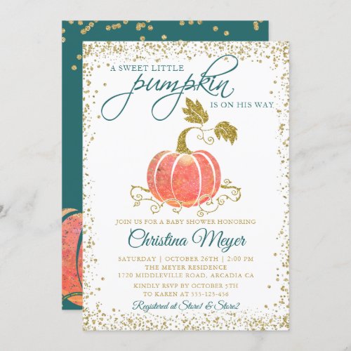 Script Watercolor Pumpkin Glitter Fall Baby Shower Invitation