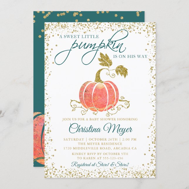 Script Watercolor Pumpkin Glitter Fall Baby Shower Invitation (Front/Back)