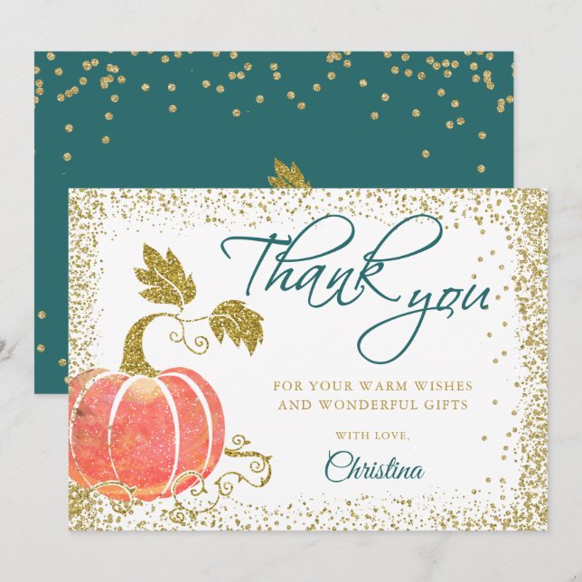Script Watercolor Pumpkin Glitter Fall Thank You Card (Front/Back)