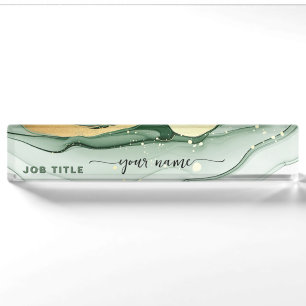Script Watercolor Sage green Gold Desk Name Plate