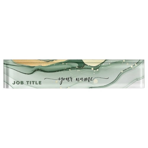Script Watercolor Sage green Gold  Desk Name Plate