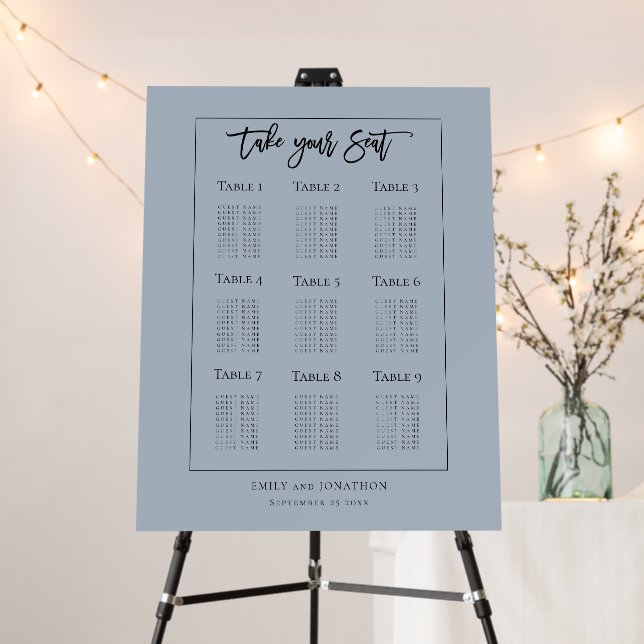 Script Wedding 9 Table Seating Plan Dusty Blue Foam Board (In Situ (Stand))