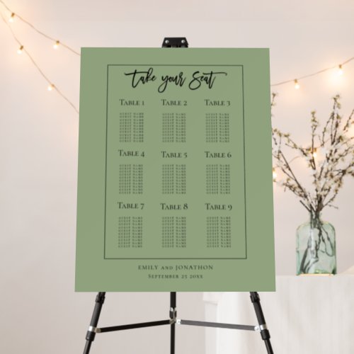 Script Wedding 9 Table Seating Plan Sage Green Foam Board