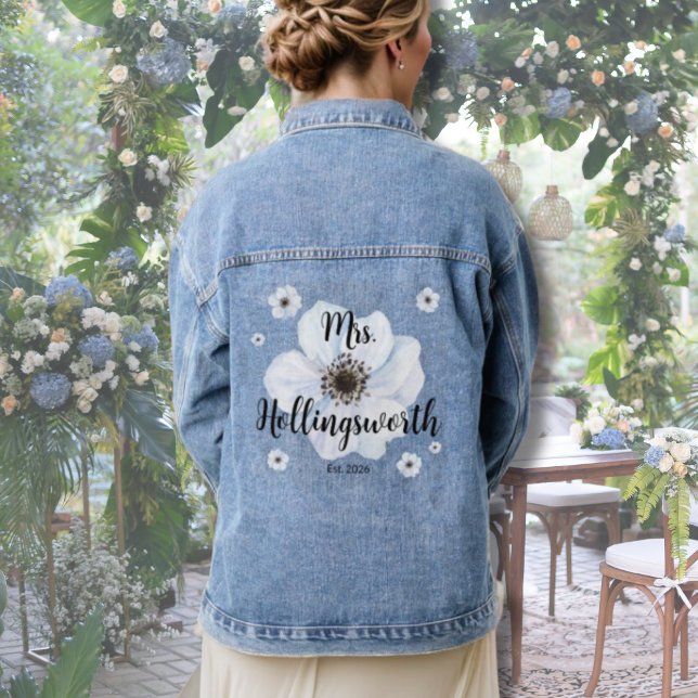 Script Wedding Bride Denim Jacket (Watercolor Floral Bride Denim Jacket)