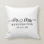 Script Wedding Heart Arrow Mr Mrs Throw Pillow<br><div class="desc">Script Wedding Heart Arrows Mr Mrs Throw Pillow personalized with the happy couple's last name,  & wedding date! Easy to customize for the perfect gift for weddings,  anniversaries,  first Christmas,  engagement,  etc. Please contact us at cedarandstring@gmail.com if you need assistance with the design or matching products.</div>