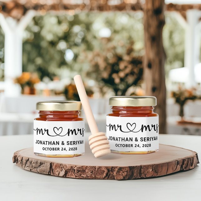 Script Wedding Heart Arrows Mr Mrs Personalized Honey Jar Favors (Rustic Script Wedding Heart Arrows Mr Mrs Personalized Honey Jar Favors)