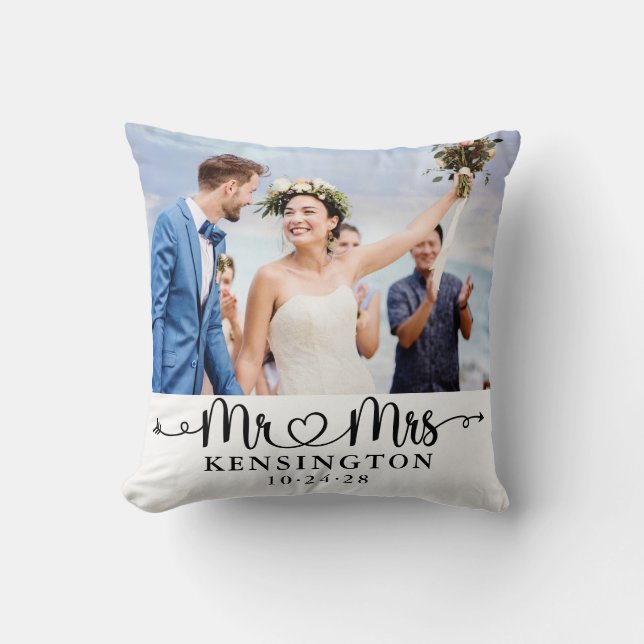 Script Wedding Heart Arrows Mr Mrs Throw Pillow (Front)