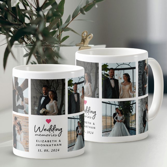 Script Wedding Memories Heart Couple Photo Collage Coffee Mug (Creator Uploaded)