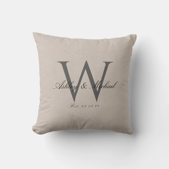 SCRIPT WEDDING MONOGRAM | Linen Photo Keepsake Throw Pillow (Front)