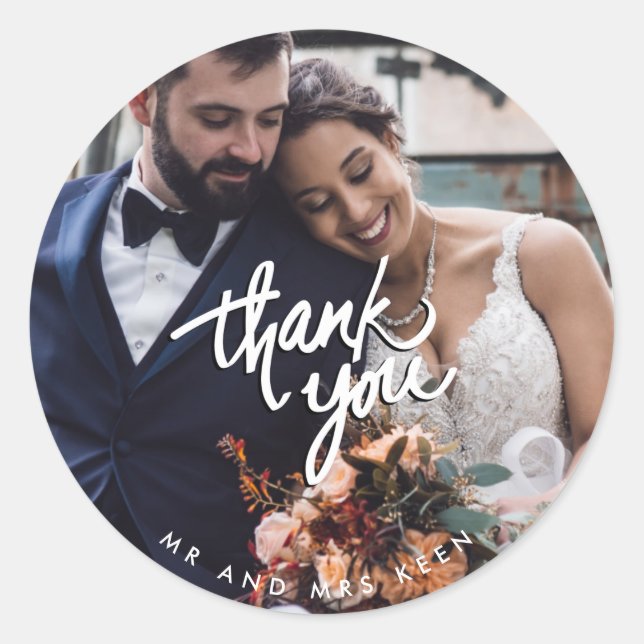 Script Wedding Mr and Mrs Photo Thank You Favor Classic Round Sticker (Front)