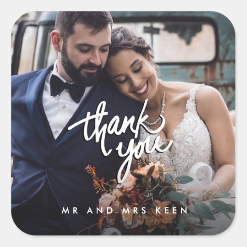 Script Wedding Mr and Mrs Photo Thank You Favor Square Sticker