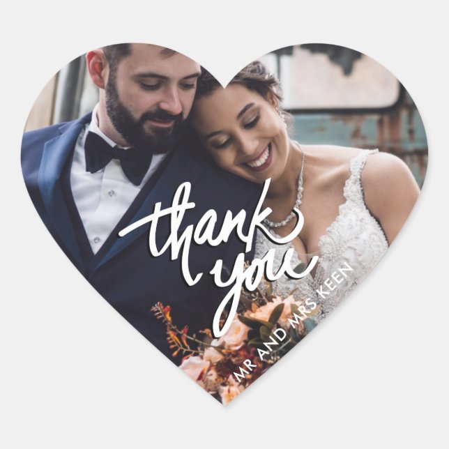 Script Wedding Photo Thank You Favor Heart Sticker (Front)