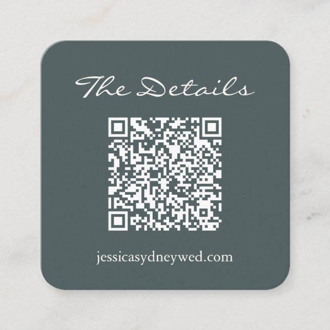 Script Wedding RSVP Details QR Code Dark Teal Enclosure Card (Front)