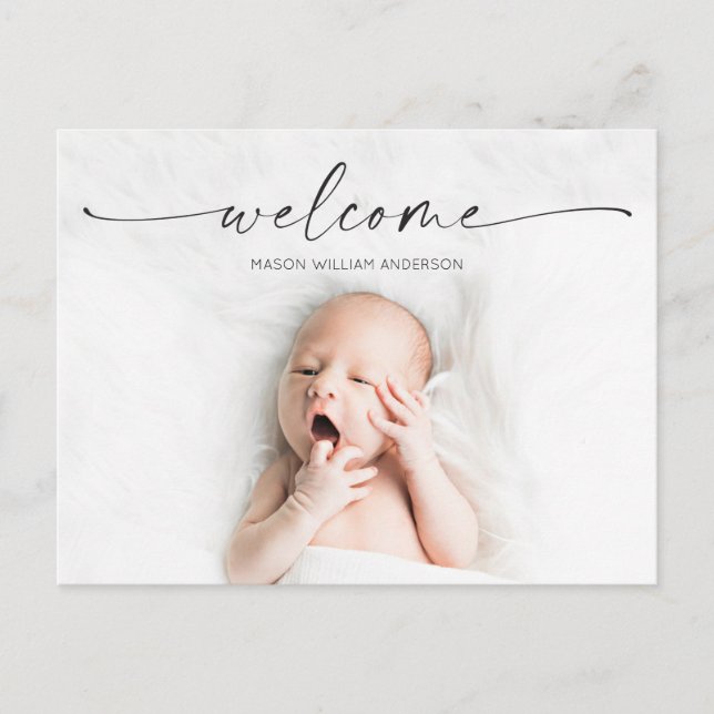 Script Welcome Baby Birth Announcement Photo Postcard (Front)