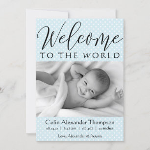 Script Welcome to the World blue polka dot photo Announcement