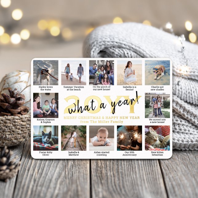 Script What a Year! 12 Photo Collage & Captions Foil Holiday Card (Creator Uploaded)
