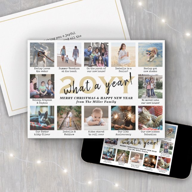 Script What a Year! 12 Photo Collage Gold & White Holiday Card (Creator Uploaded)