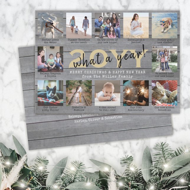 Script What a Year! 12 Photo Collage Gray Wood Holiday Card (Creator Uploaded)