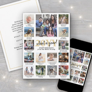Script What a Year! 15 Photo Collage Gold & White Holiday Card
