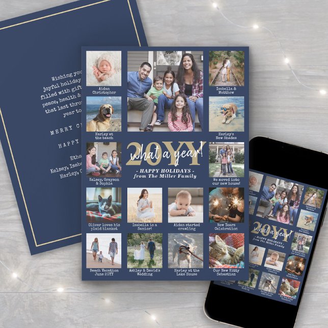 Script What a Year! 15 Photo Collage Navy and Gold Holiday Card (Creator Uploaded)