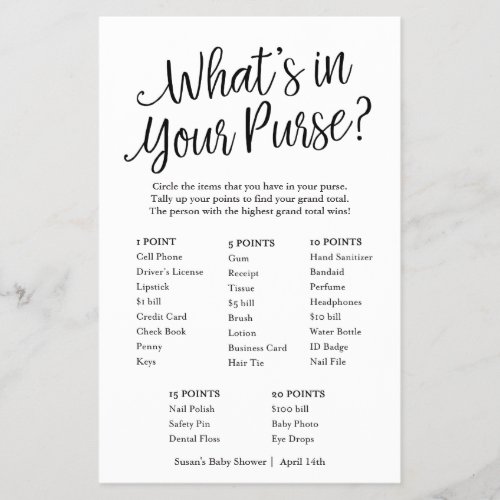 Script Whats in Your Purse Baby Shower Game Card