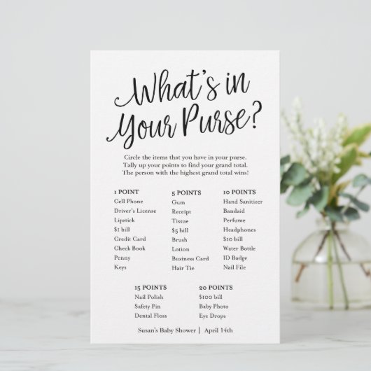 Script What's in Your Purse Baby Shower Game Card (Standing Front)