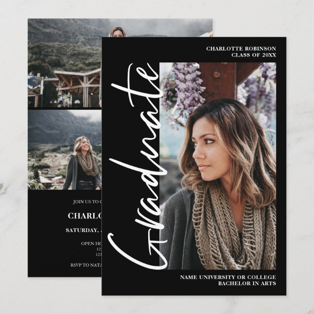  Script white black graduate photo graduation Invitation (Front/Back)