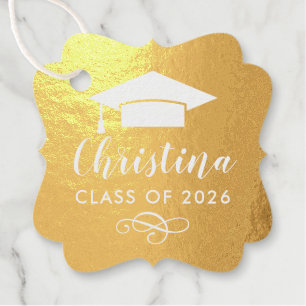 Script White Cap Class of 2026 Graduation Gold Foil Favor Tags