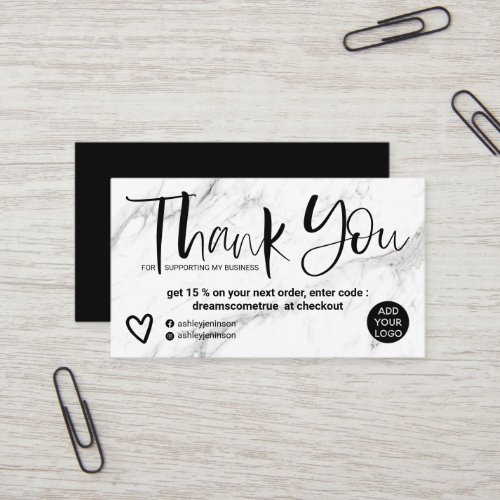 Script white marble chic order thank you business card