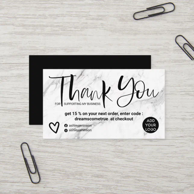 Script white marble chic order thank you business card | Zazzle