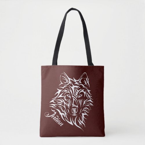 Script White Wolf Head on Blood Red Personal Name Tote Bag