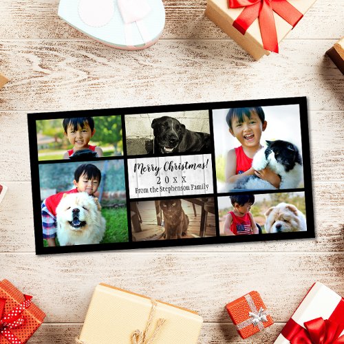 Script White Wood Six Photo Collage Christmas Holiday Card