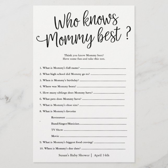 Script Who Know's Mommy Best Shower Game Card (Front)