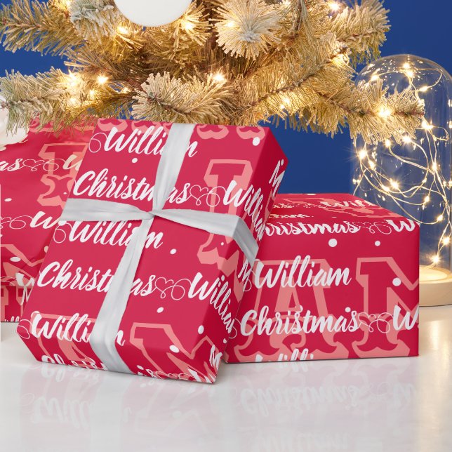 Script with Heart Merry Christmas name red Wrapping Paper (Holidays)