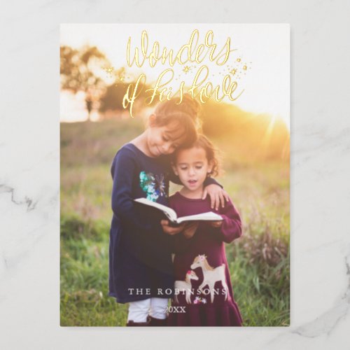 Script Wonders of His Love Christmas photo Design  Foil Holiday Postcard