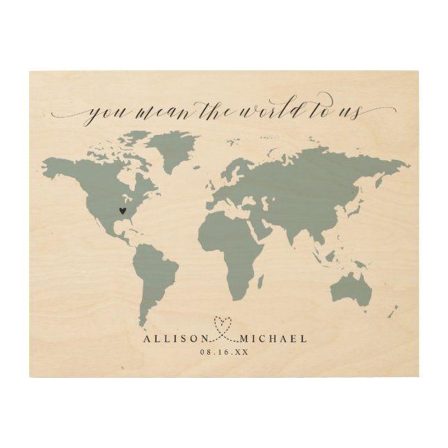 Script World Map Alternative Guest Book Wood Sign (Front)