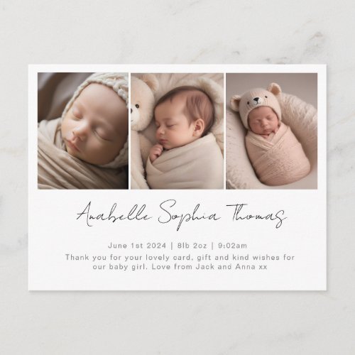 Script writing photo birth announcement card