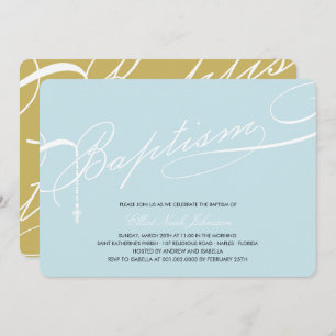 Scripted Baptism Rosary Cross Blue Religious Invitation