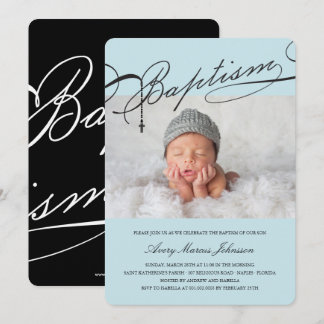 Scripted Baptism Rosary Cross Boy Photo Religious Invitation