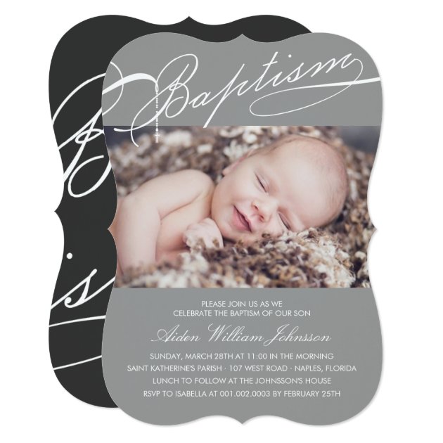Scripted Baptism Rosary Cross Boy Silver Photo Card
