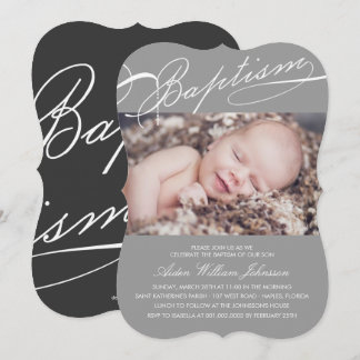 Scripted Baptism Rosary Cross Grey Photo Religious Invitation