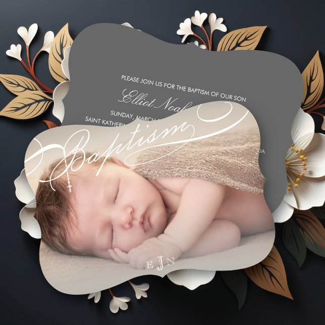 Scripted Baptism Rosary Cross Monogram Religious Invitation (Elegant Scripted Baptism Rosary Cross Monogram Classic Photo Religious Invitation @ fat_fa_tin)