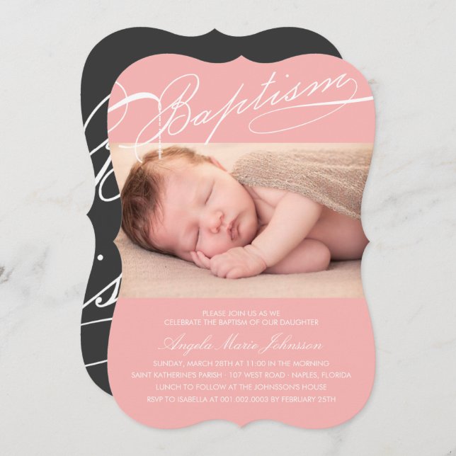 Scripted Baptism Rosary Cross Pink Photo Religious Invitation (Front/Back)