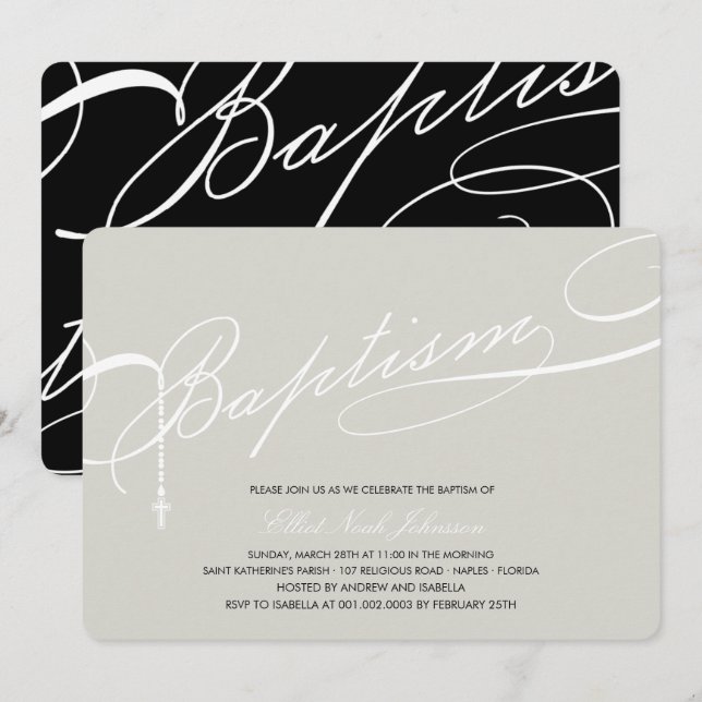 Scripted Baptism Rosary Cross Silver Religious Invitation (Front/Back)