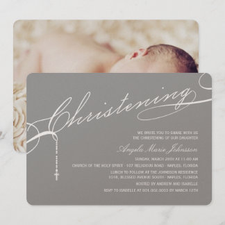 Scripted Christening Cross Gray Photo Religious Invitation
