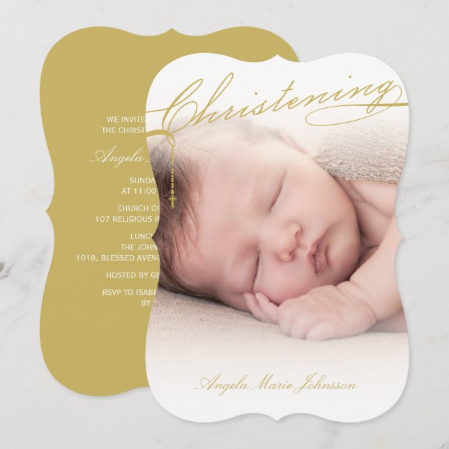 Scripted Christening Gold Cross Photo Religious Invitation (Front/Back)