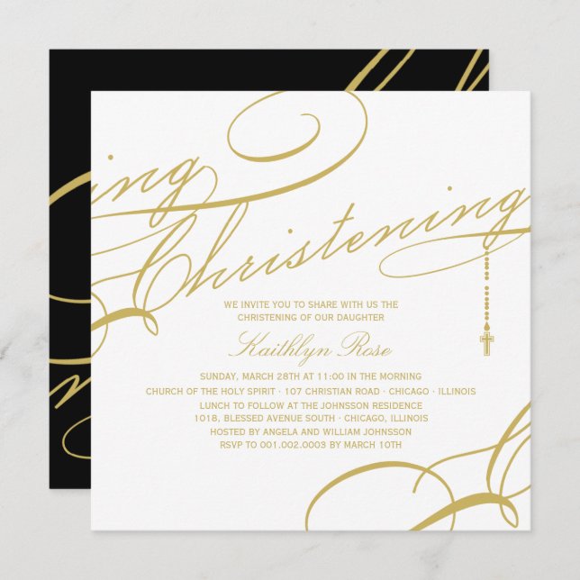 Scripted Christening Modern Cross Gold Religious Invitation (Front/Back)