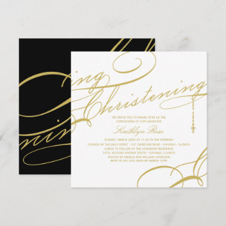 Scripted Christening Modern Cross Gold Religious Invitation