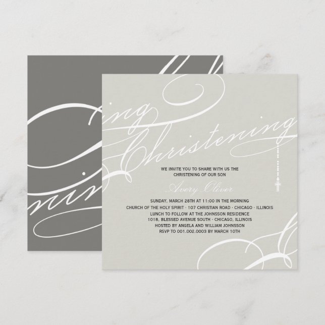 Scripted Christening Modern Cross Gray Religious Invitation (Front/Back)